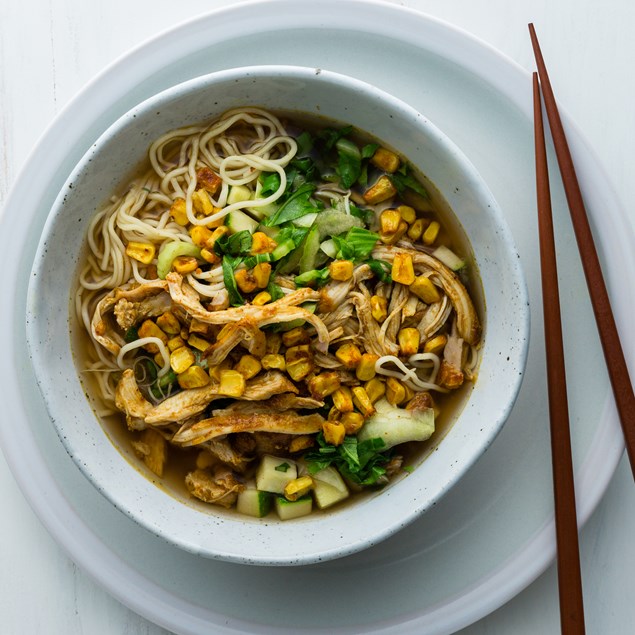 Chicken Noodle Soup with Charred Corn