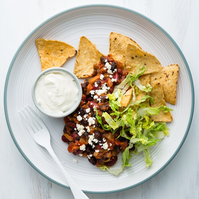 Black Bean Chilli with Corn Chips and Chipotle Sour Cream