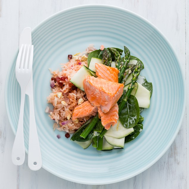 Salmon with Creamy Beet Baked Rice and Asparagus Salad