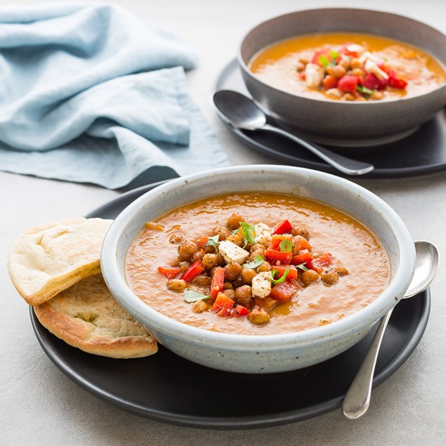 Harissa Pumpkin Soup with Roasted Chickpeas and Feta Salad
