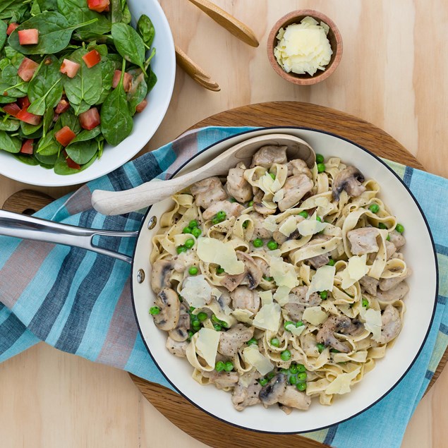 Chicken and Mushroom Fettuccine with Spinach Salad