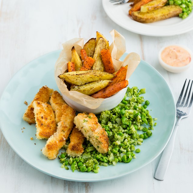 Fish Fingers with Spiced Wedges and Broccoli Pea Smash