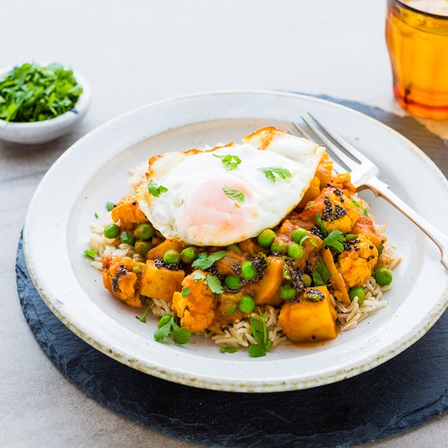 Potato, Pea and Cauliflower Curry with Fried Egg and Mustard Chilli Oil