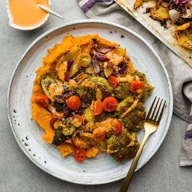 Mediterranean Falafel Tray Bake with Sundried Tomato Drizzle & Kumara ...