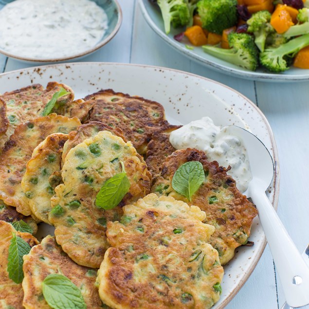Pea, Feta and Courgette Fritters with Roast Veges and Lemon Caper Mayonnaise