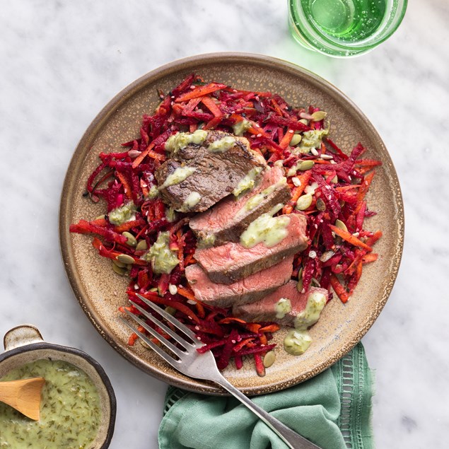 Aztec Beef Steak with Super Seed Salad and Chimmichurri