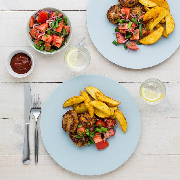 Lamb and Cheese Rissoles with Tomato Salad and Wedges
