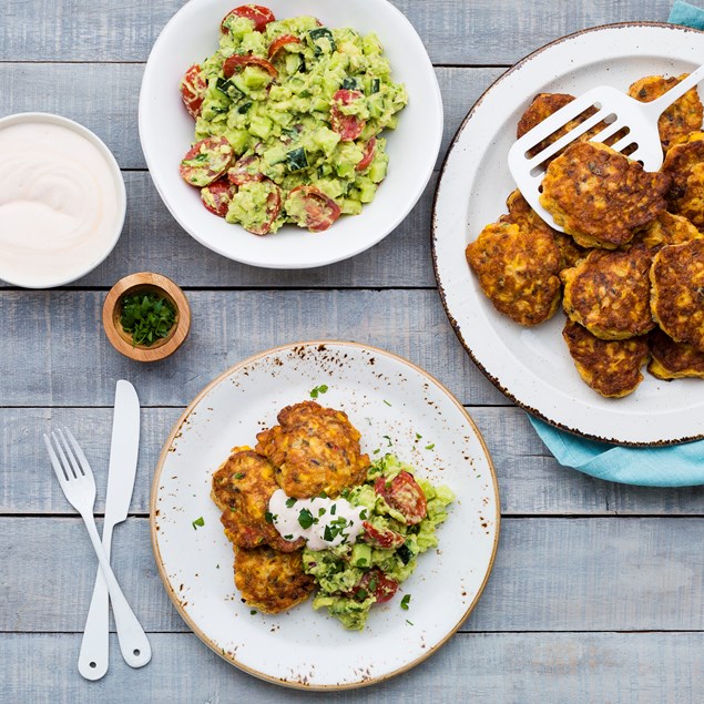 Parsley Corn Cakes with Chunky Avocado Salsa and Chipotle Yoghurt