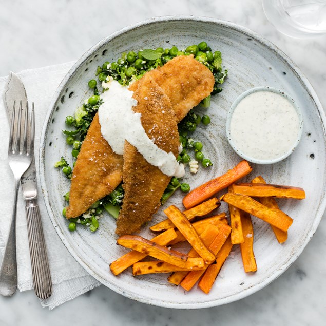 Crumbed Fish with Kumara Chips & Pea-Feta Crush