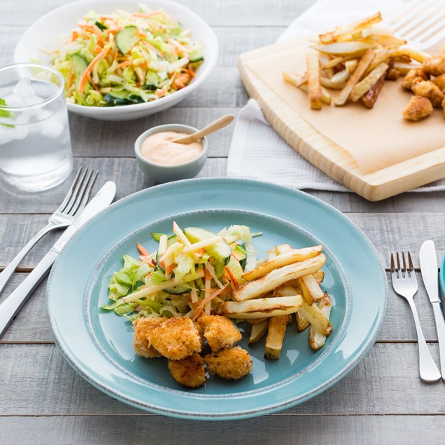 Chicken Poppers with Hand-Cut Chips, Slaw and Sweet Chilli Mayo