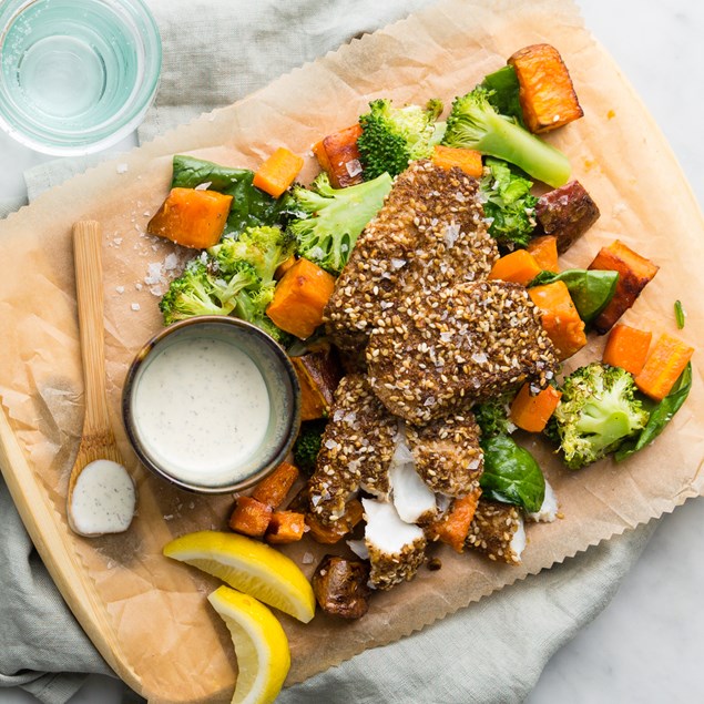 Dukkah Crusted Fish with Roasted Kumara and Yoghurt Tzatziki