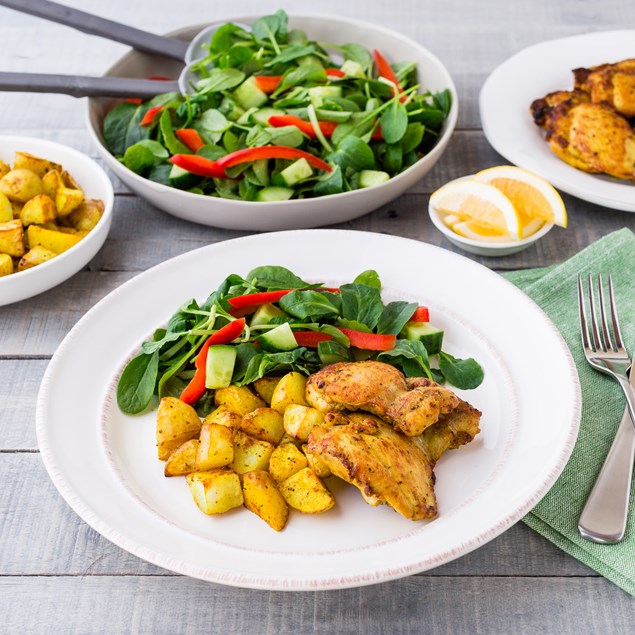 Spiced Chicken with Turmeric Potatoes and Spinach Salad