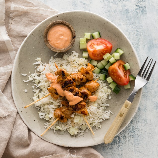 Butter Chicken Skewers with Cauliflower Rice and Tomato Salad