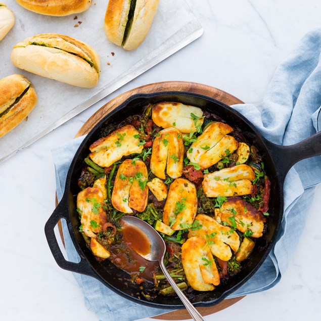 Baked Halloumi Ratatouille with Garlic and Basil Bread