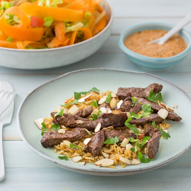 Moroccan Beef with Pilaf and Eggplant Aioli