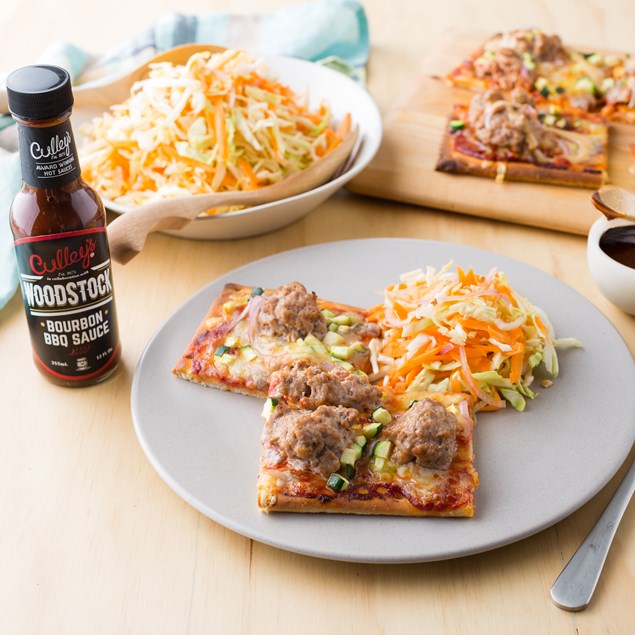 Chipotle Pork Pizzas with Woodstock Bourbon BBQ Sauce and Shredded Slaw