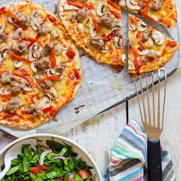 Pork and Fennel Pizza with Chopped Spinach Salad