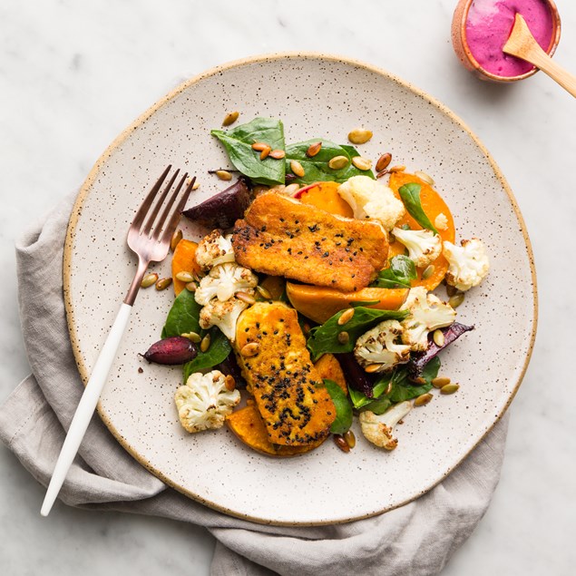 Haloumi Toss with Roasted Vegetables and Beet Yoghurt