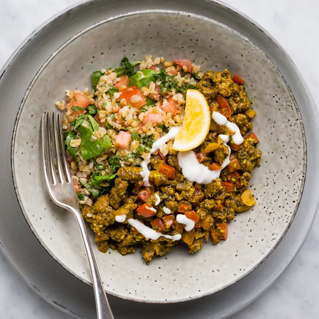 Beef and Lamb Hushwee with Freekeh and Toum